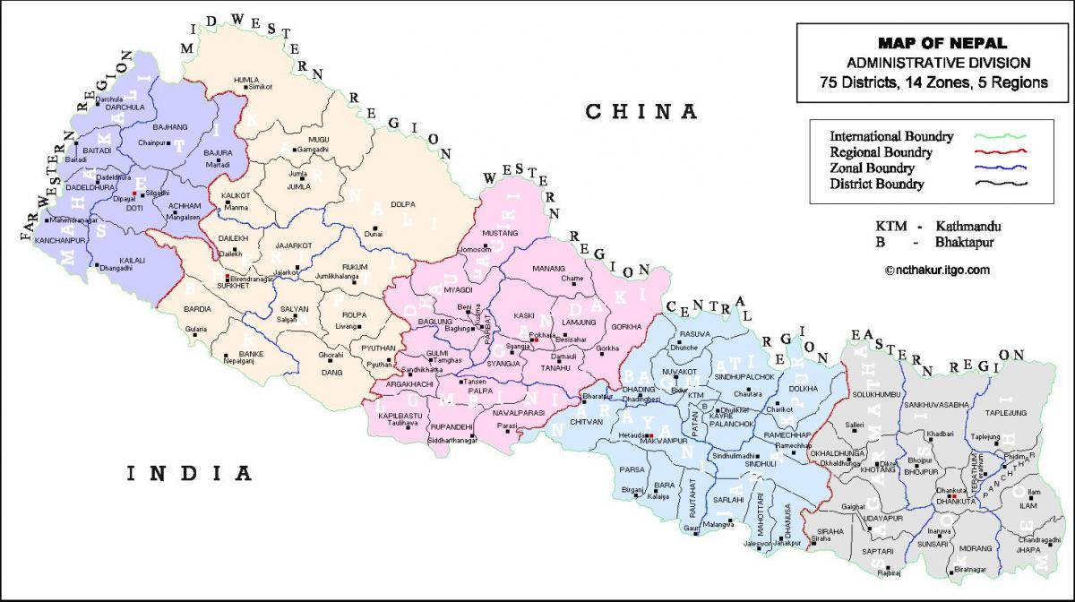 Carte du népal avec les districts et les vdc