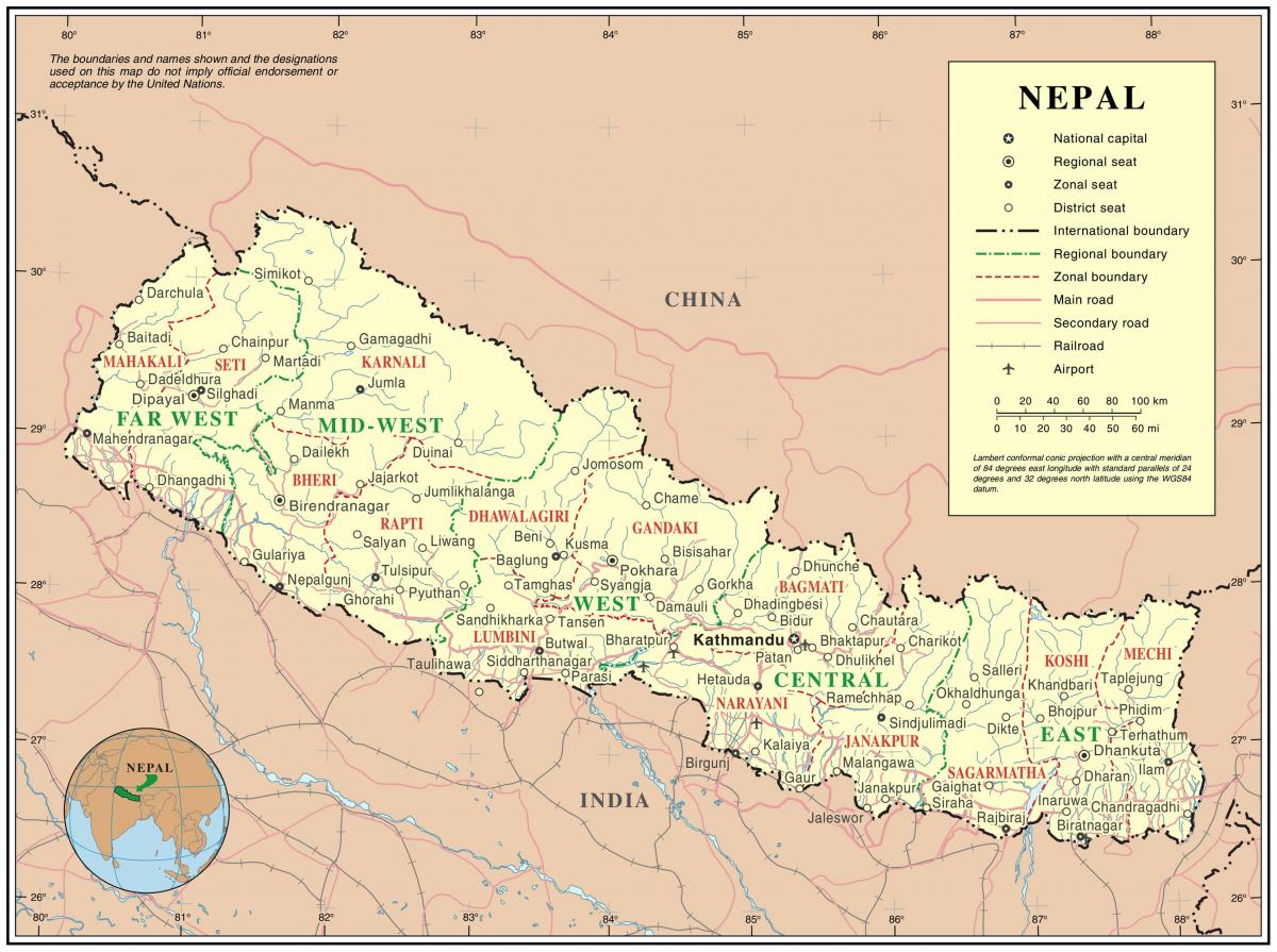 l'inde, le népal route de la frontière de la carte