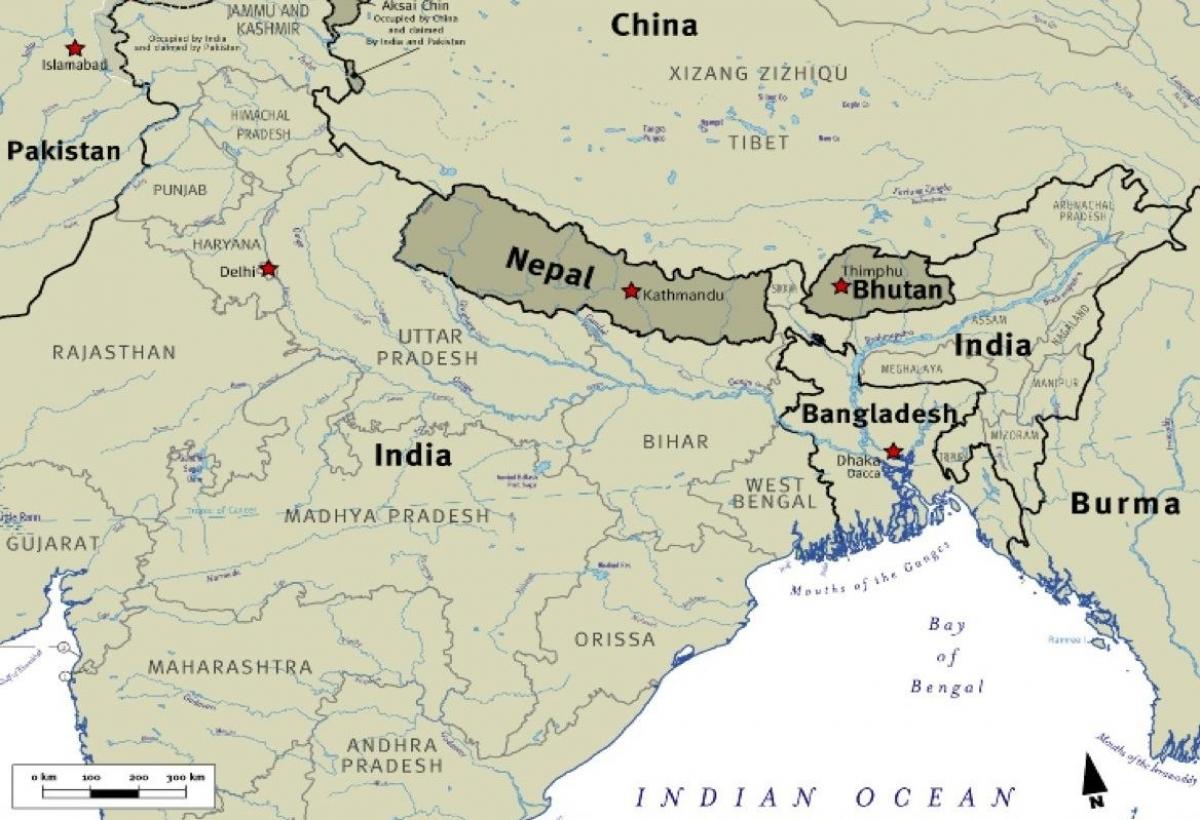 carte bhoutan, le népal et le tibet