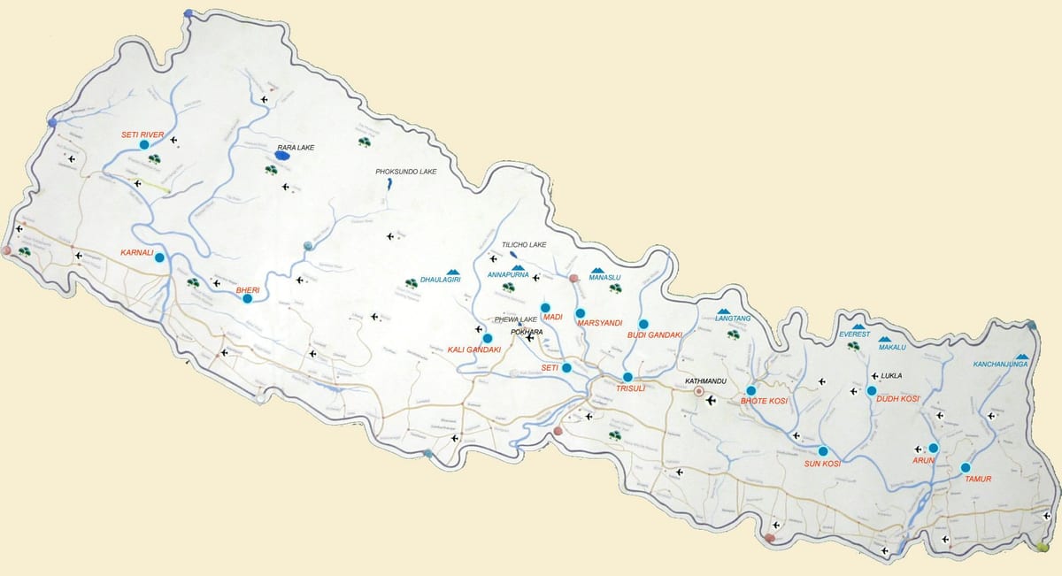 carte du népal montrant rivières