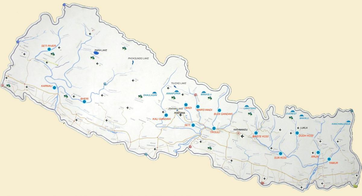 carte du népal montrant rivières